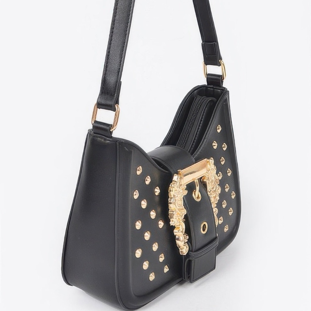 Faux Leather Studded Metal Buckle Shoulder Bag - Picture 2 of 7